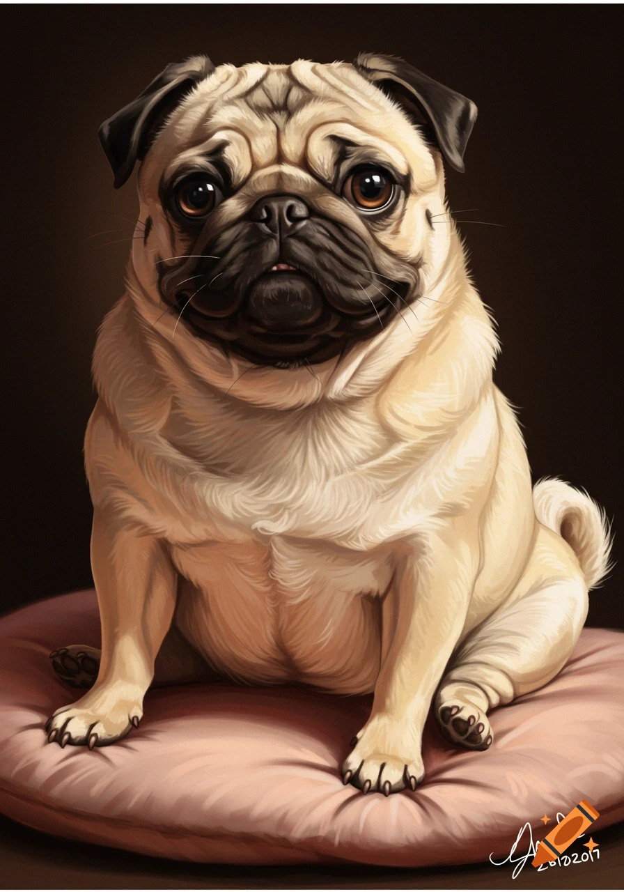 A pug sitting on a pink cushion.