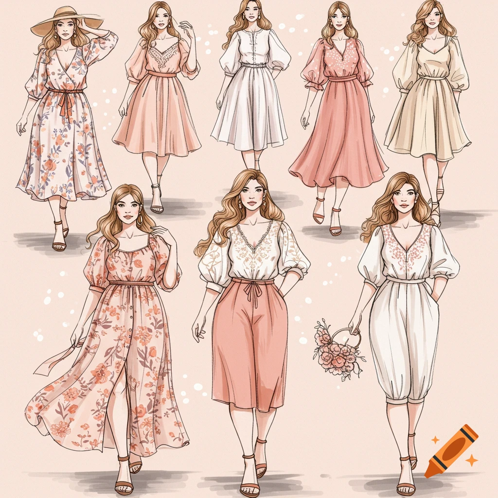 Illustration of multiple women modeling elegant summer dresses and outfits in sketch style.