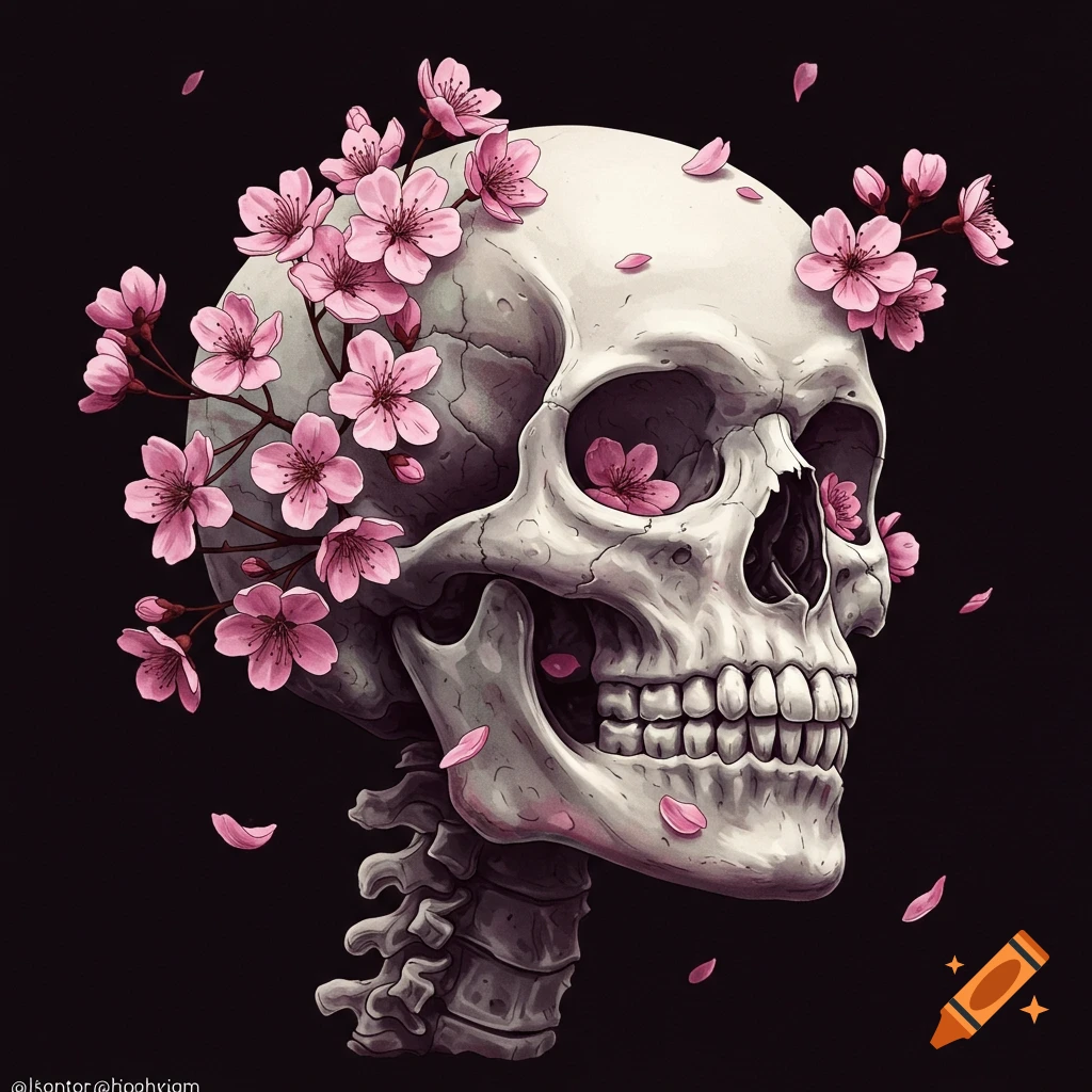 A skull with cherry blossoms and falling petals.