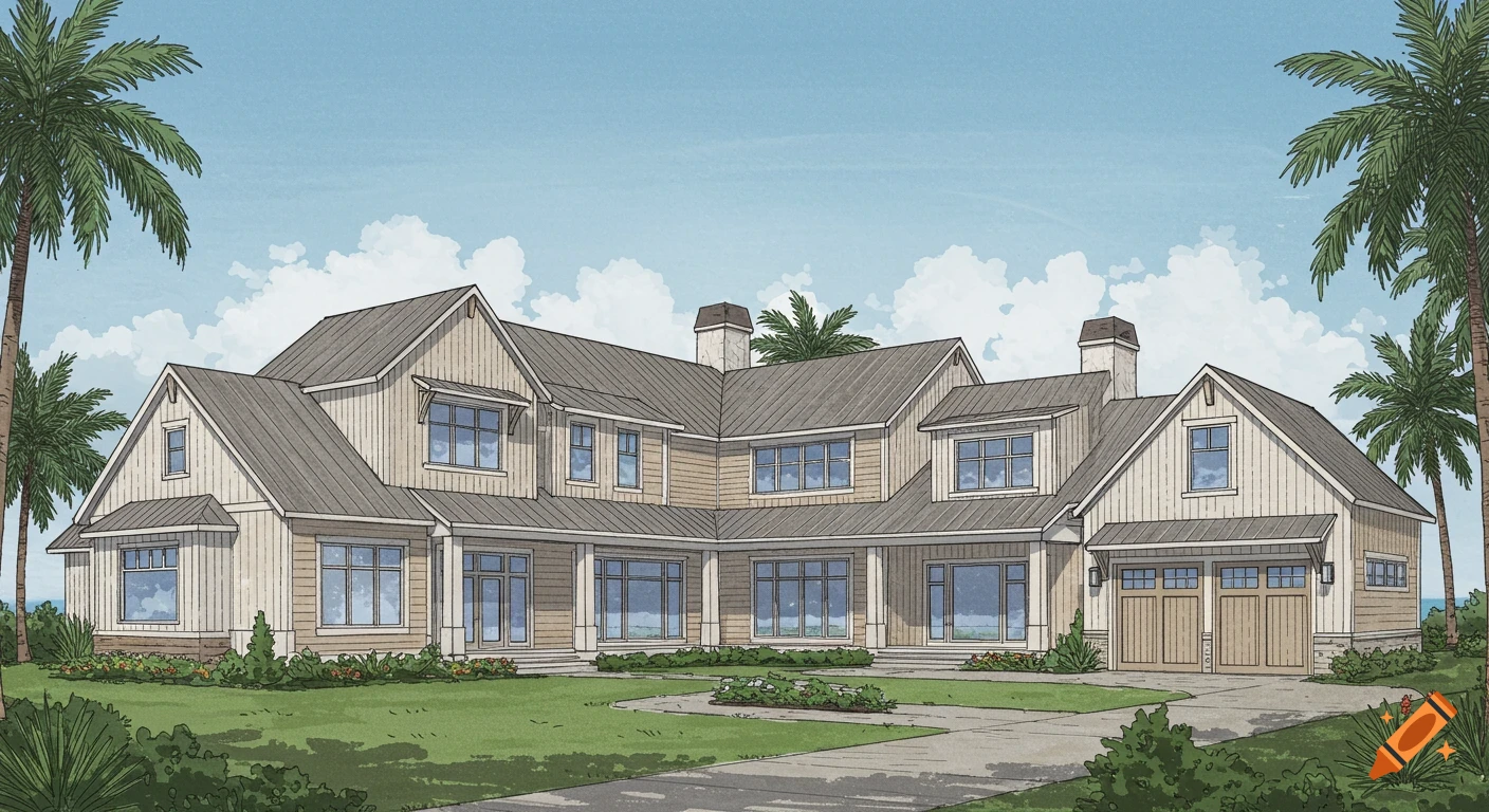 Illustration of a large modern farmhouse-style beach house with palm trees.