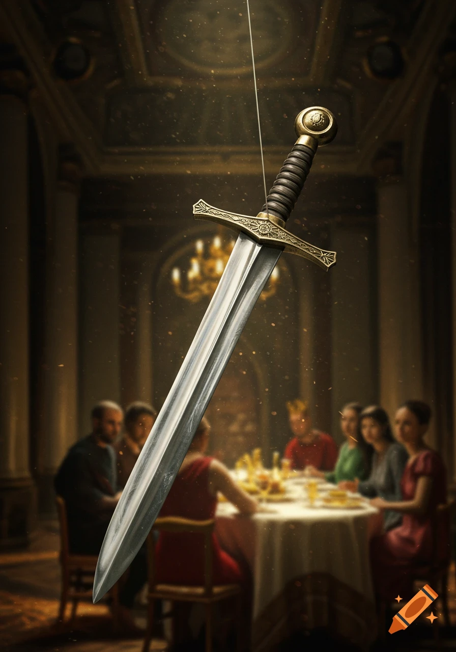 A large sword hangs by a thread over people seated at a dinner table.