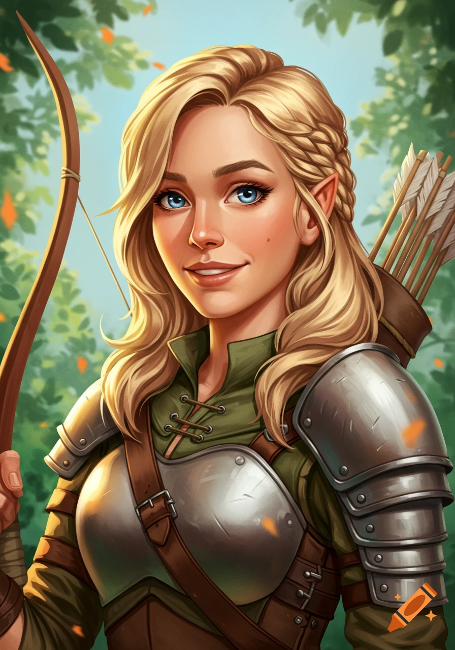 Portrait of a blonde archer with blue eyes, wearing armor and holding a bow in a forest, smiling.