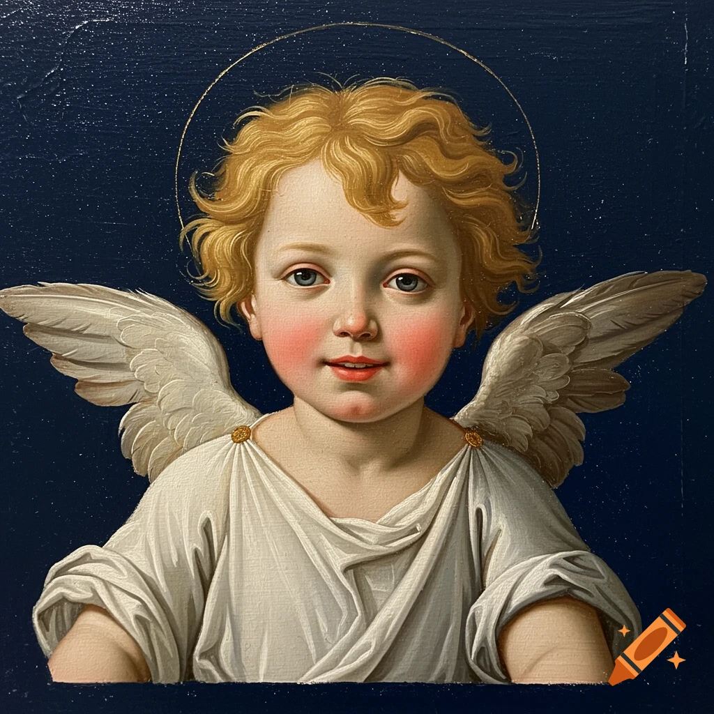 Renaissance painting of a cherub with golden curls against a dark blue background.