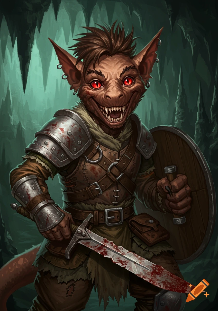 A kobold fighter with a bloody sword and shield in a cave.