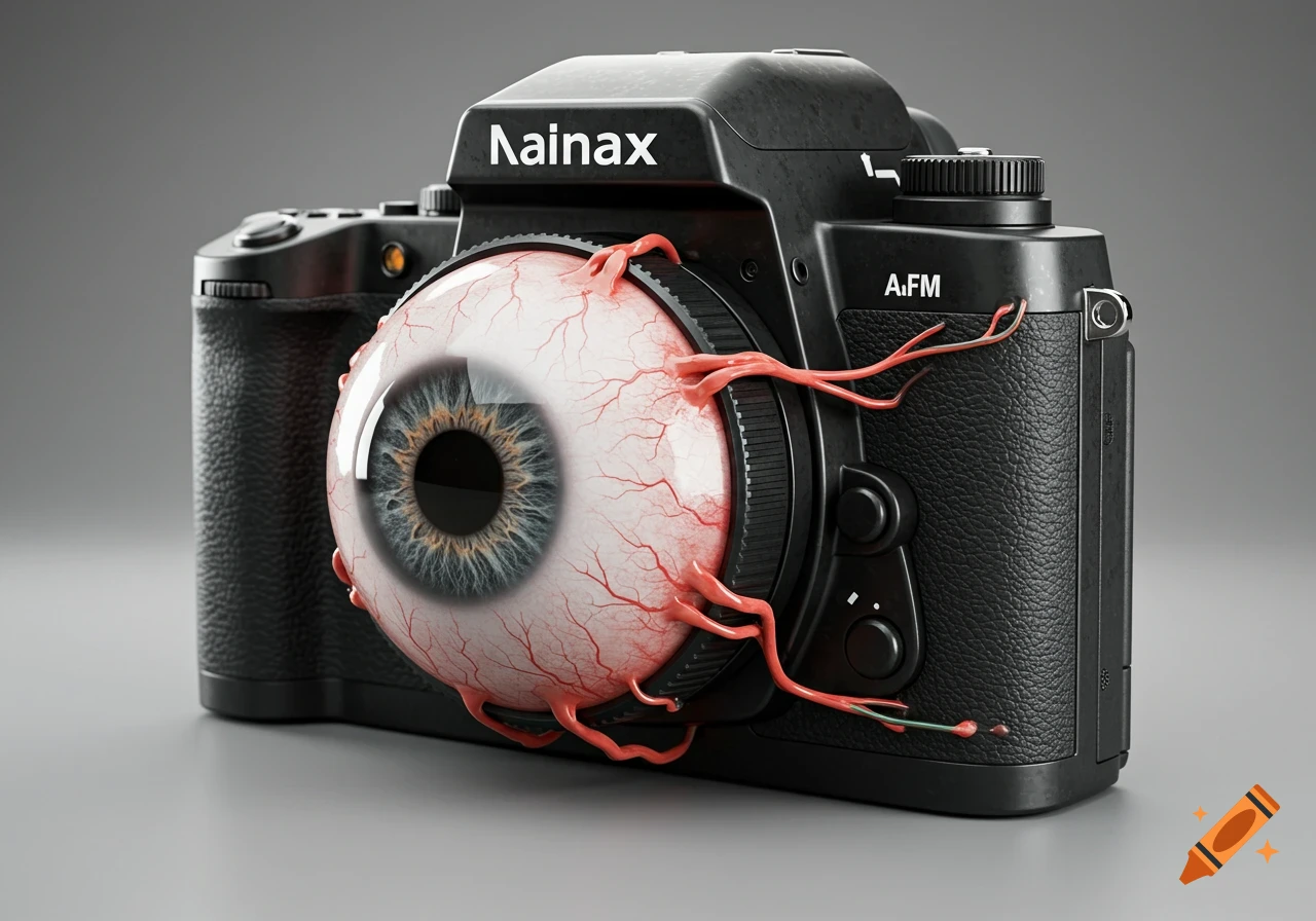 Photorealistic close-up of a black camera with a human eye lens