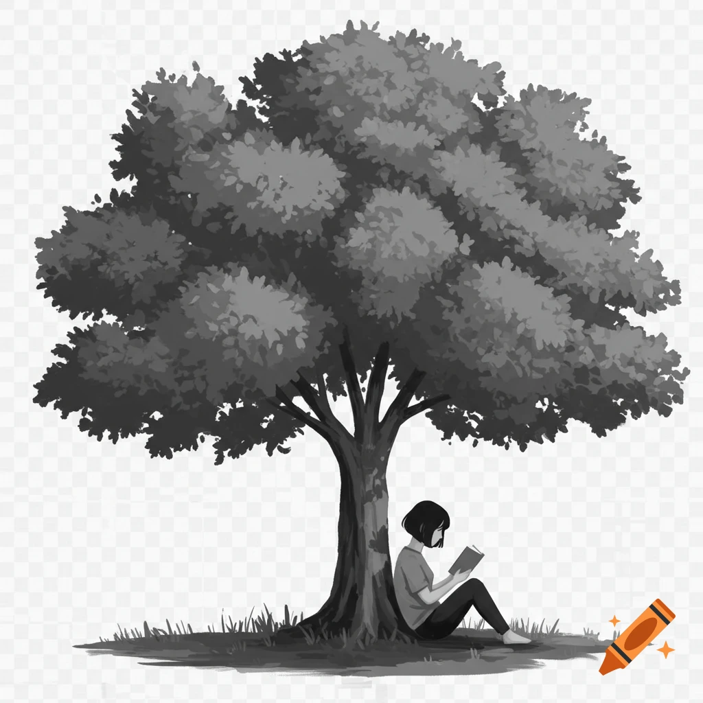 Illustration of a person reading under a large tree in grayscale.
