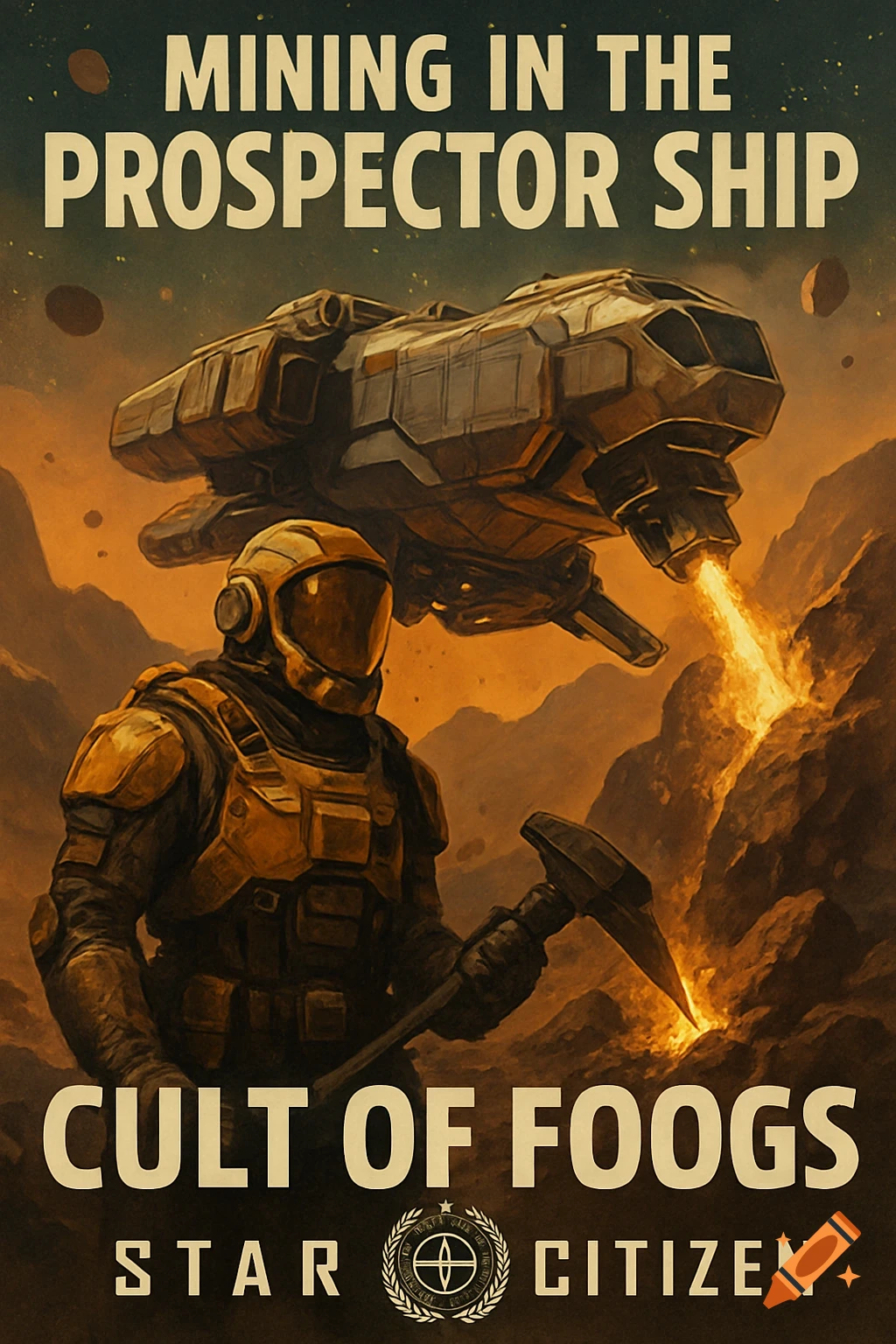 Sci-fi poster of a miner with a pickaxe on a rocky planet with a mining spaceship above, featuring text.