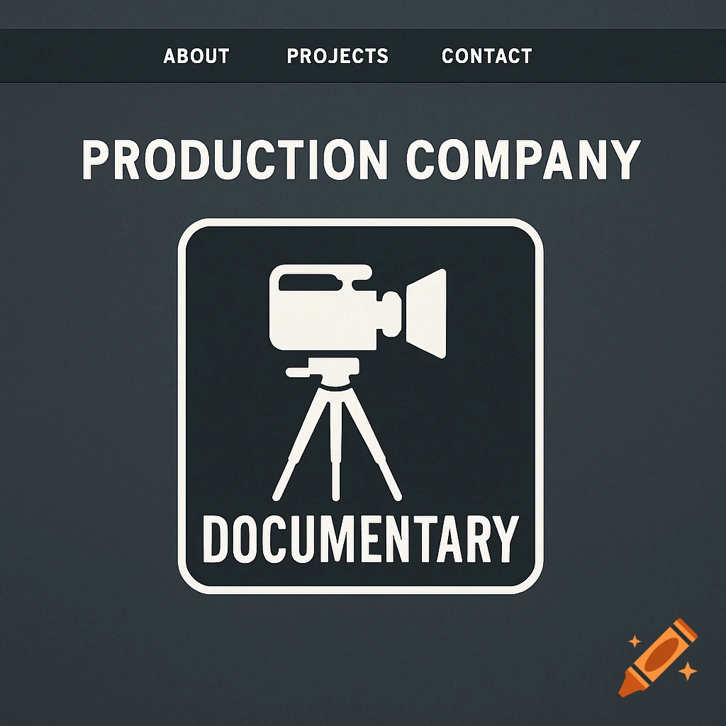 Graphic logo featuring a film camera icon on a tripod. Text reads PRODUCTION COMPANY and DOCUMENTARY. Additional text at the top: ABOUT, PROJECTS, CONTACT.