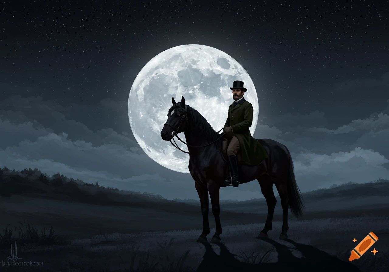 A Victorian man sits atop a black horse in a field at night, bathed in the light of a giant full moon.