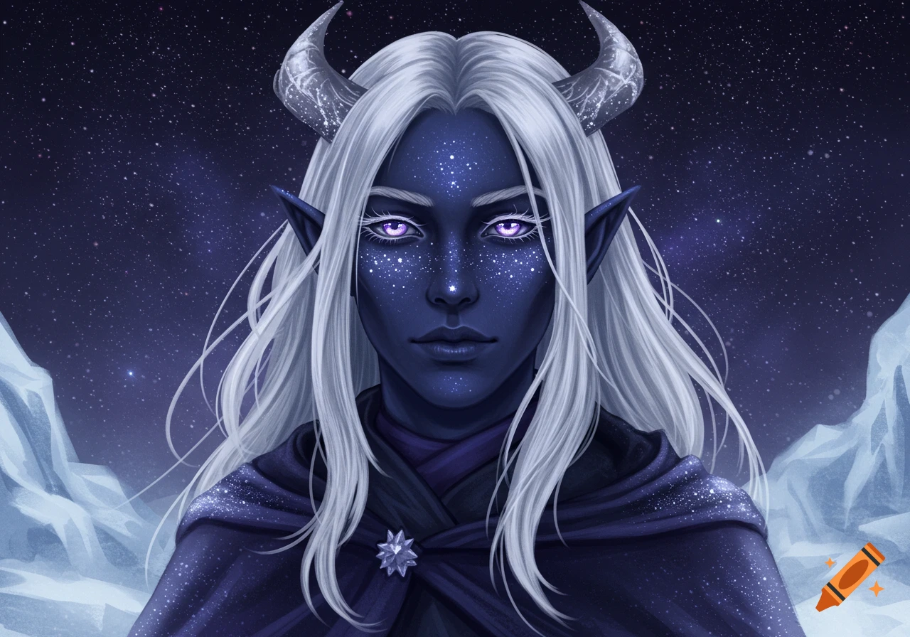 A demiboy with blue skin, silver hair, horns, lilac eyes, and glowing freckles in a cloak against a starry sky.