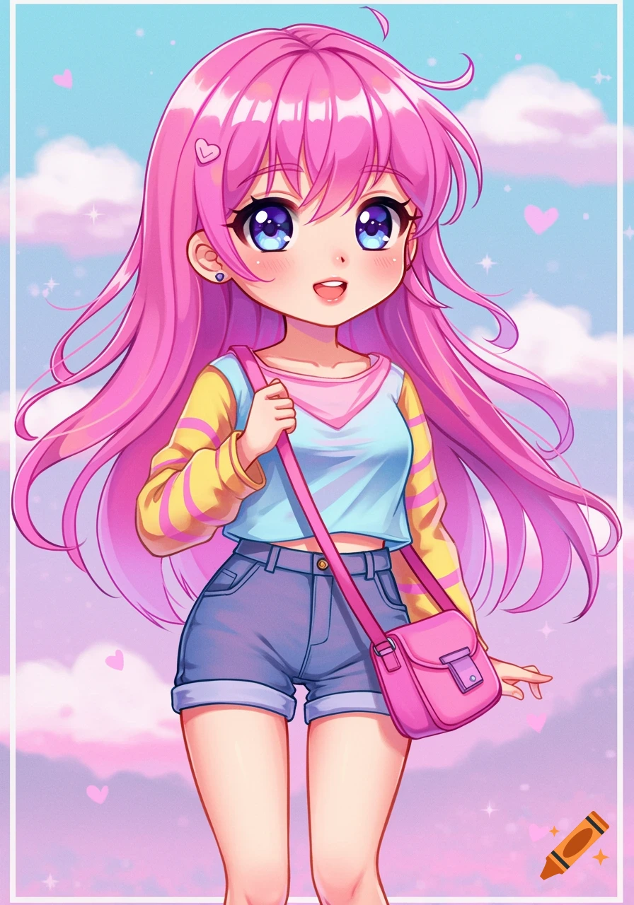 Cute anime girl with pink hair, blue eyes, wearing shorts and t-shirt, holding a pink shoulder bag, pastel digital art style