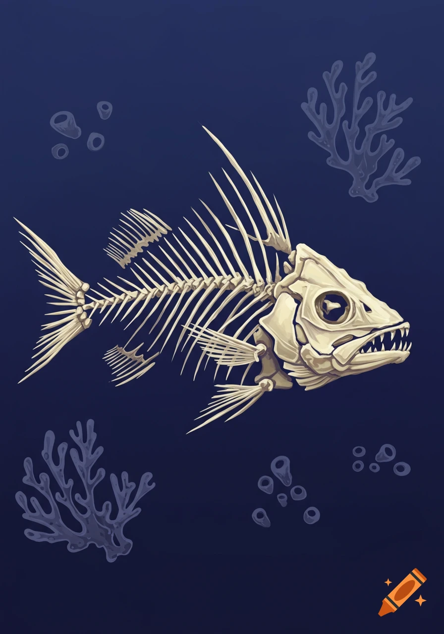 A fish skeleton floats underwater with coral and bubbles.