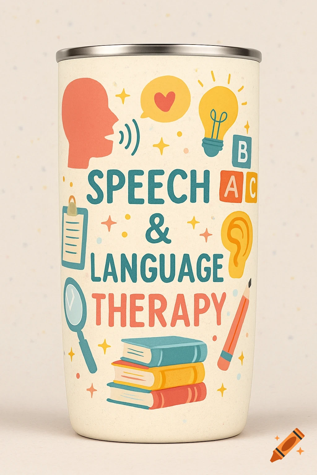 Tumbler with colorful illustrations for speech and language therapy including a talking head, lightbulb, blocks with letters A, B, C, clipboard, ear, magnifying glass, books, and pencil, with the text "SPEECH & LANGUAGE THERAPY".