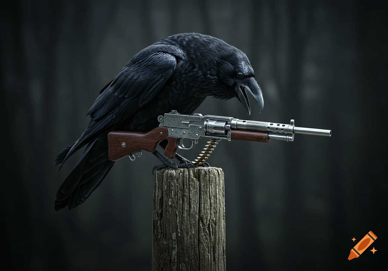 A black raven stands on a wooden post holding a silver machine gun in its claw. Photorealistic style.