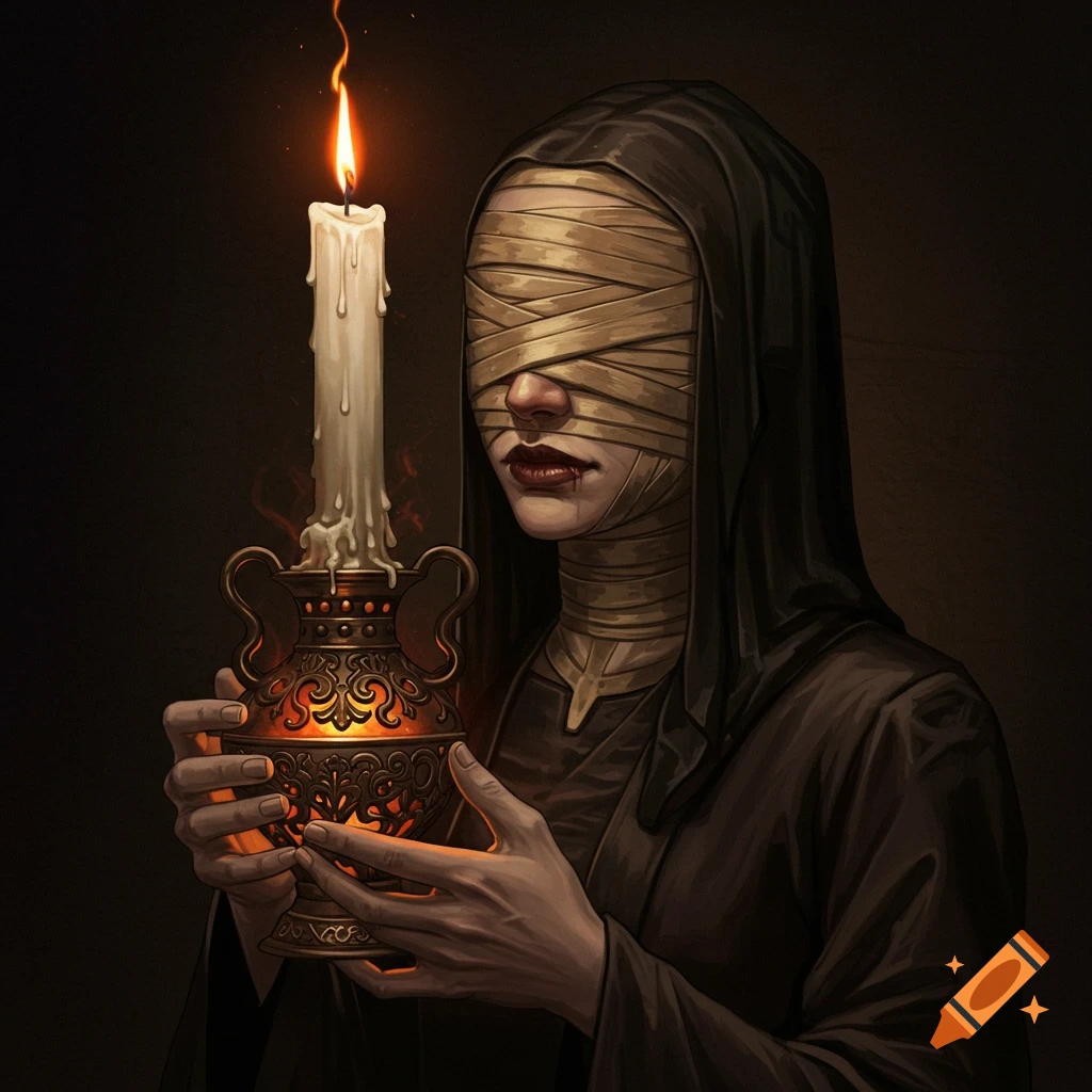 A figure with bandages covering their eyes holds a lit candle in a dark room.