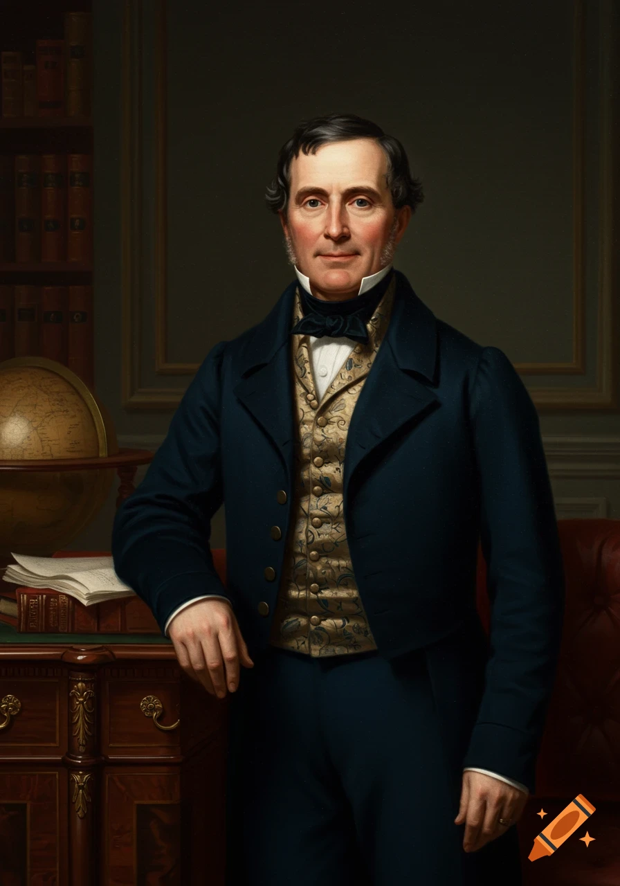Portrait painting of a man in 1840s attire leaning on a desk with books and a globe.