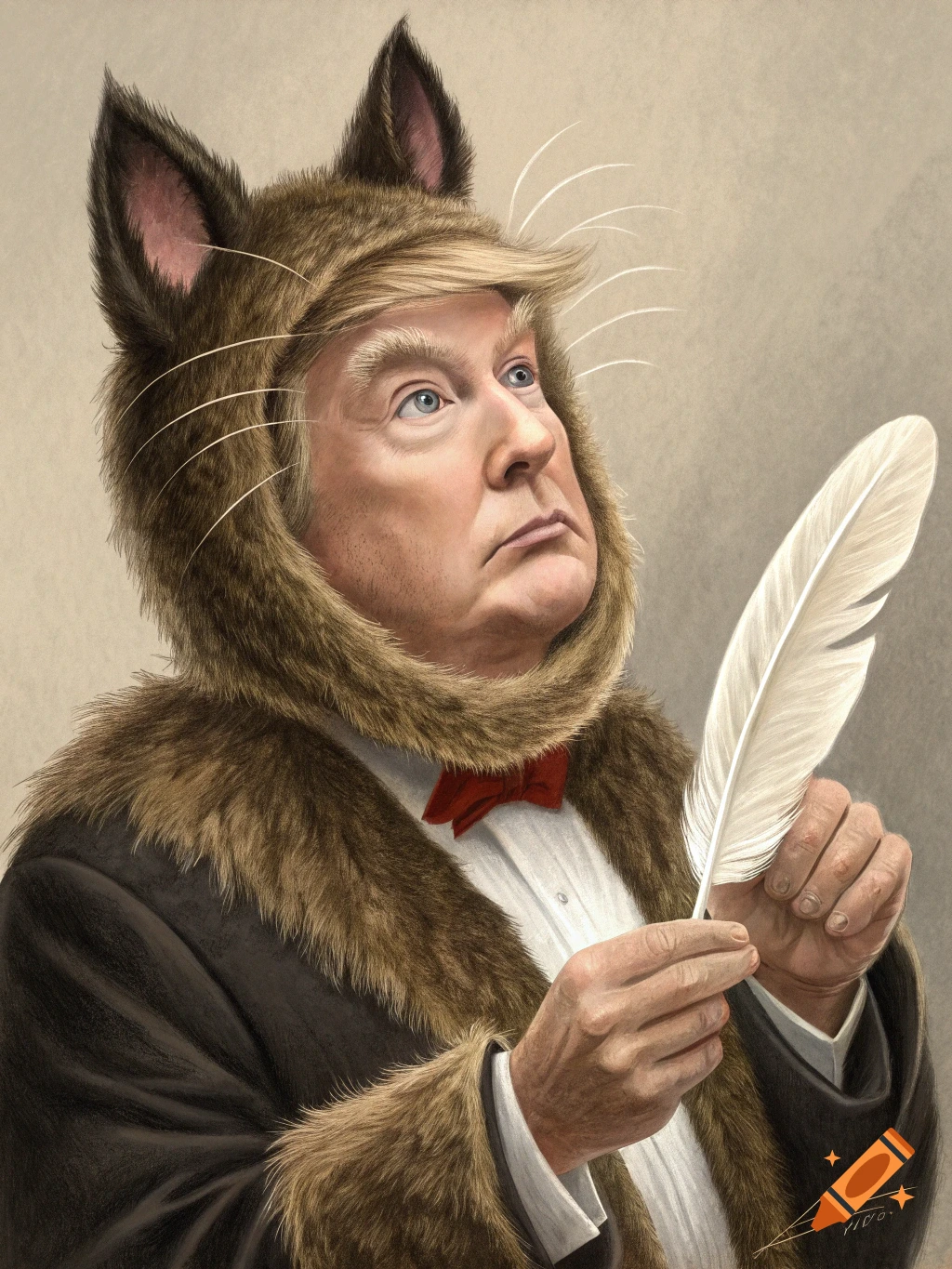 Caricature of Donald Trump wearing a fur cat costume and holding a feather.