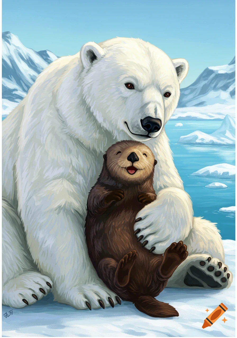 An illustration of a polar bear hugging a sea otter in an arctic landscape.