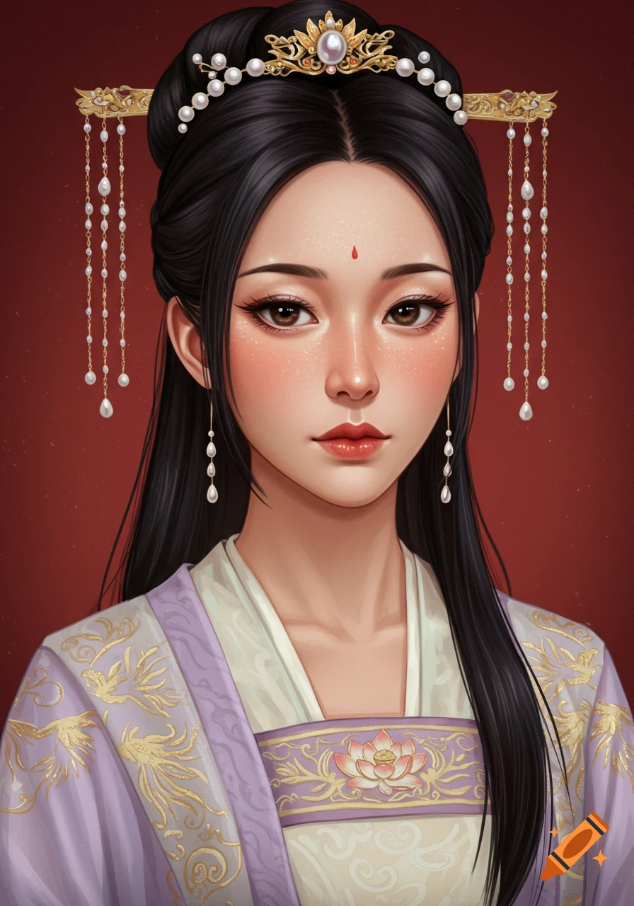 A portrait of a woman in traditional Chinese clothing with pearl hair ornaments against a red background.