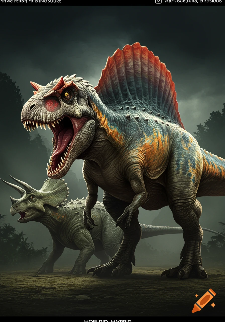 A large hybrid dinosaur with a sail on its back stands with a Triceratops in a misty prehistoric landscape.