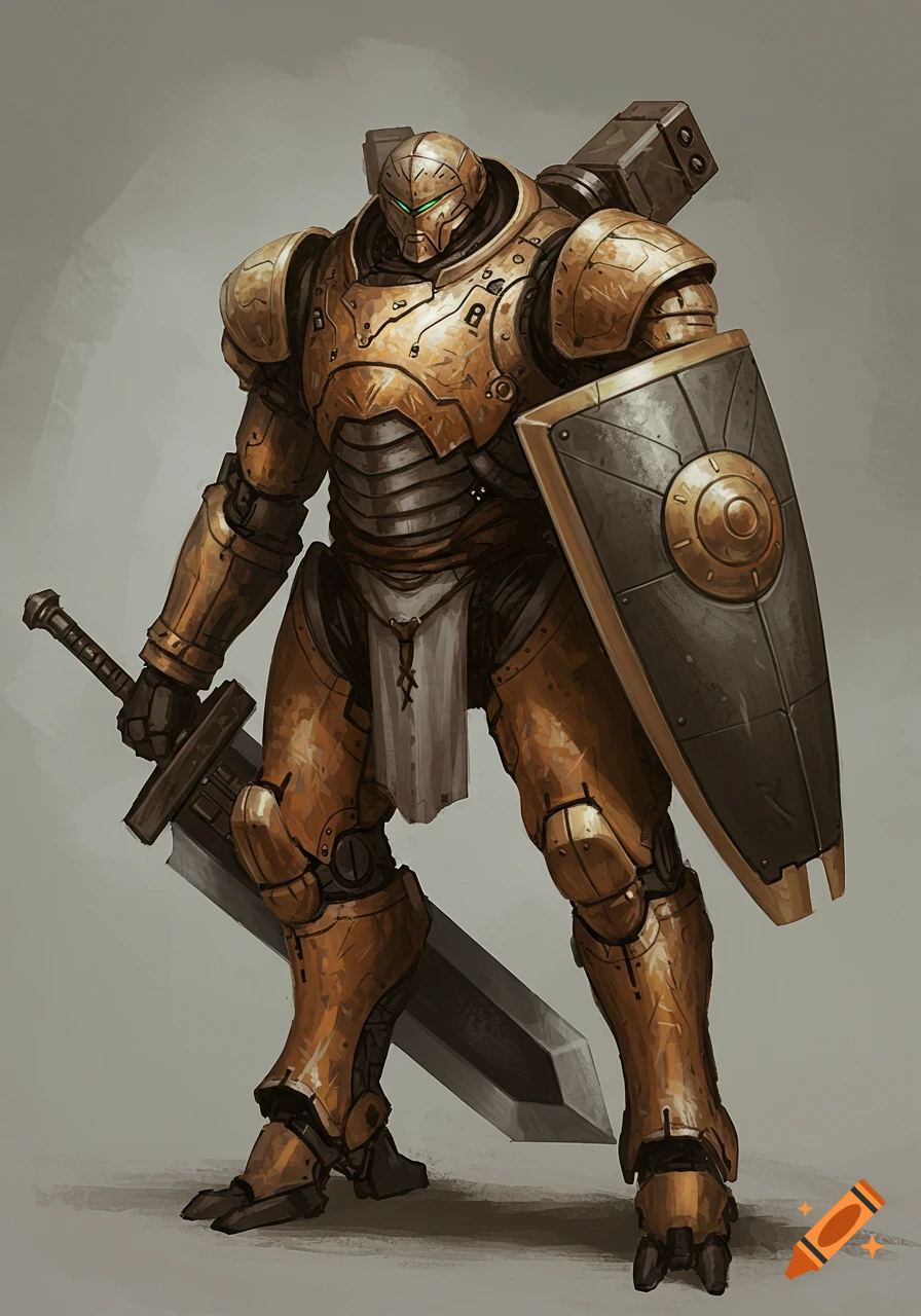 A heavy gold mech holding a giant sword and shield.