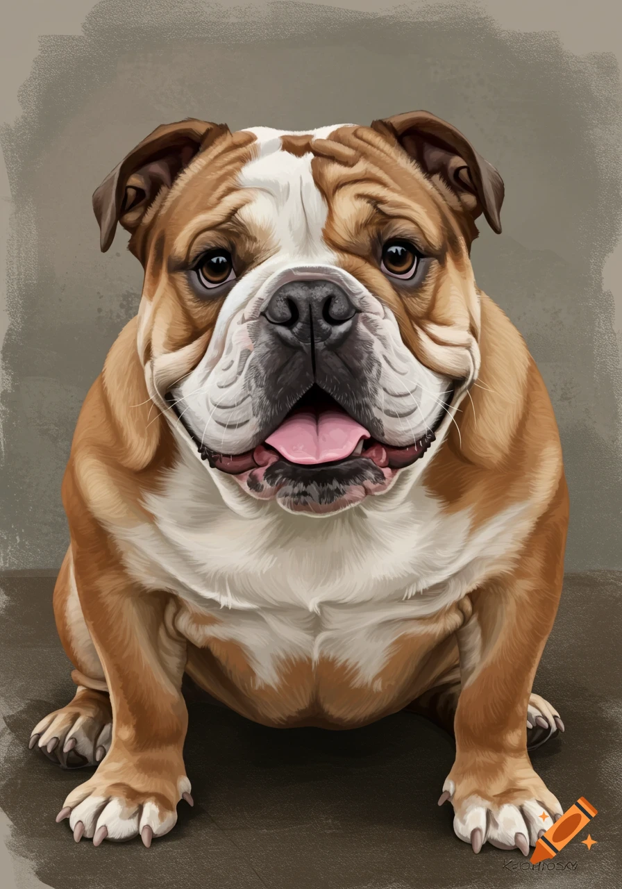 A fawn and white bulldog sitting and panting, looking at the camera.