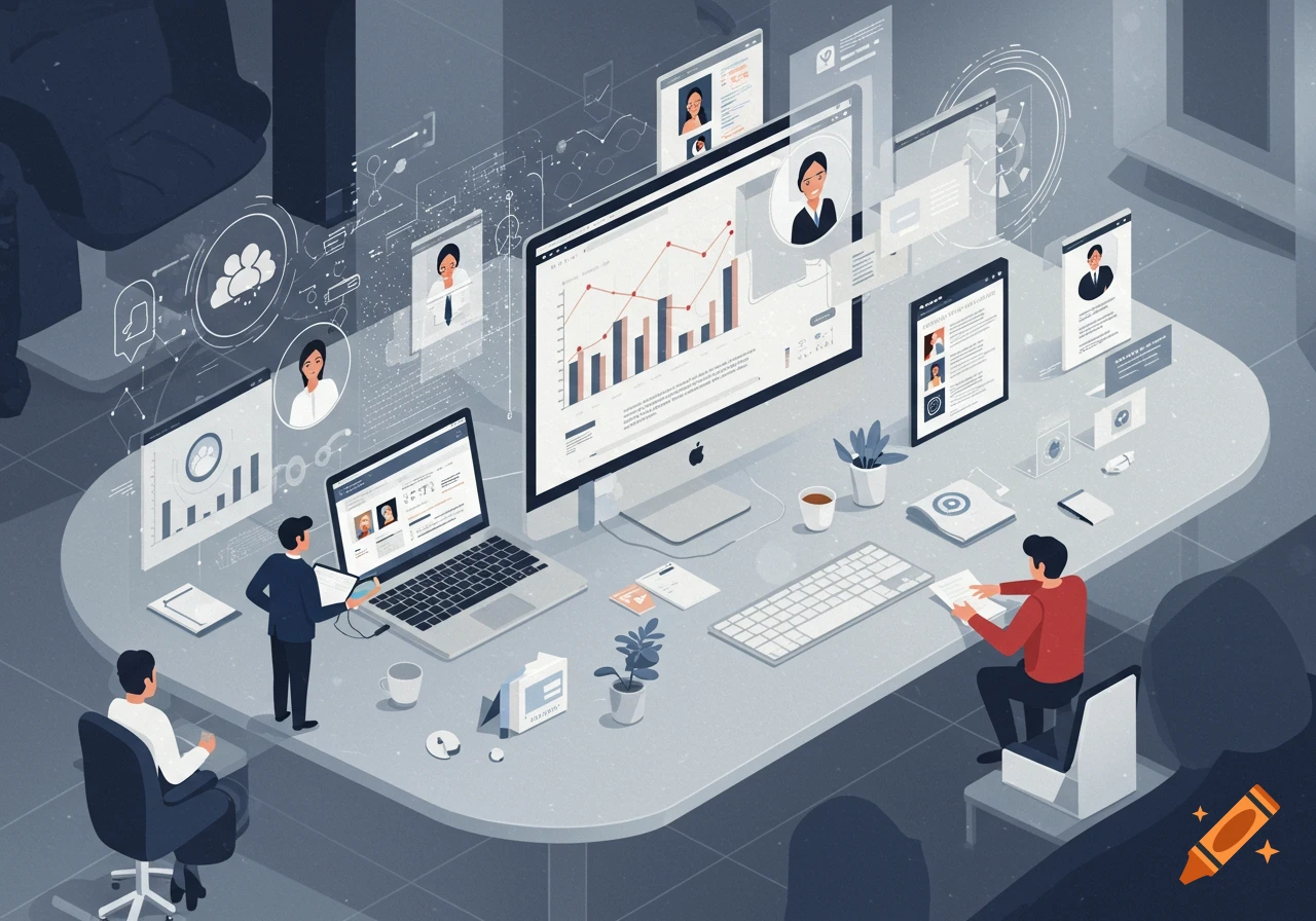 Illustration of people working at a large desk with multiple screens showing charts, data, and profiles in a modern, digital style.