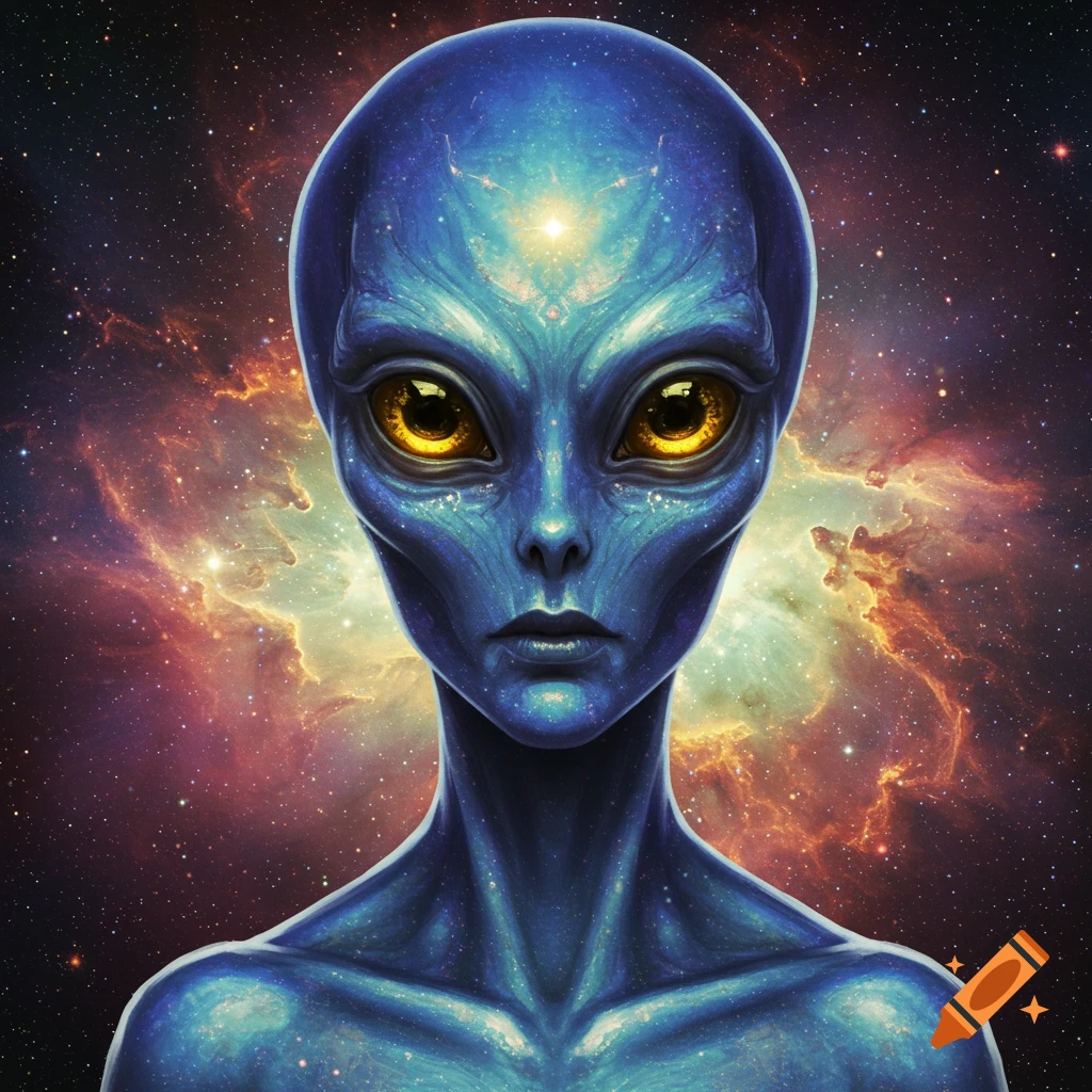 A blue alien with large yellow eyes against a space background.