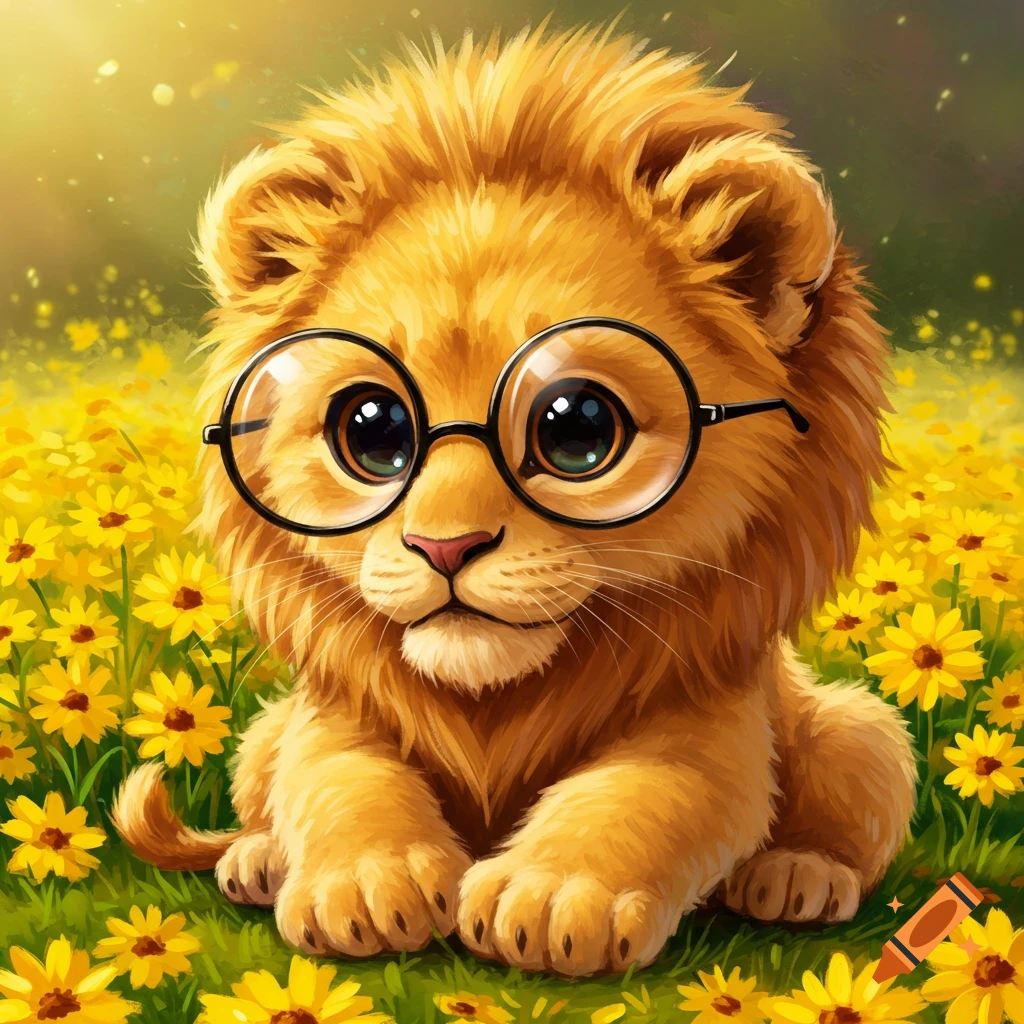 A cute lion wearing glasses sitting in a field of yellow flowers.