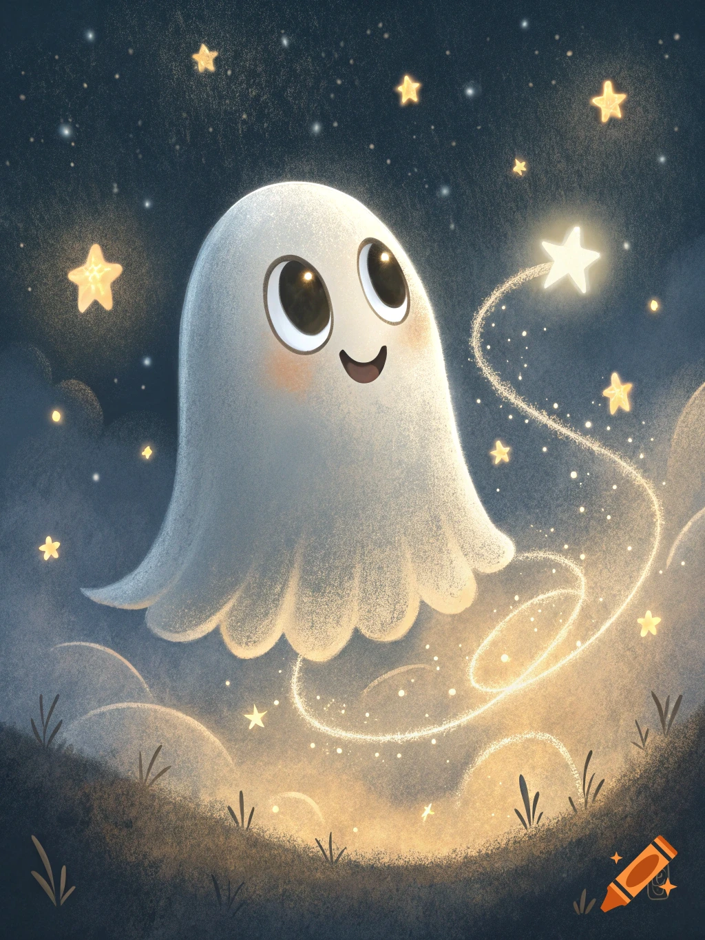 Cute cartoon ghost floats among glowing stars in a night sky illustration.