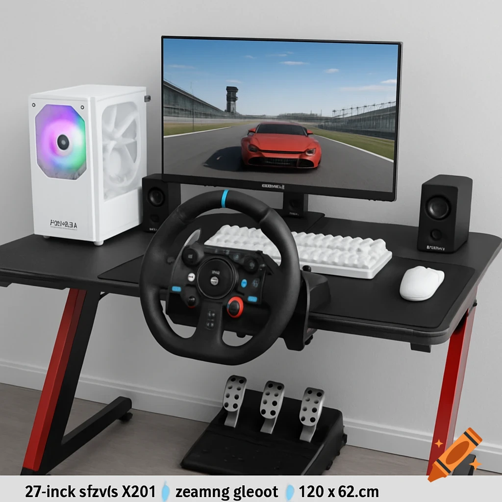 A gaming desk setup featuring a white PC, monitor displaying a racing game, steering wheel and pedals, keyboard, mouse, and speakers.