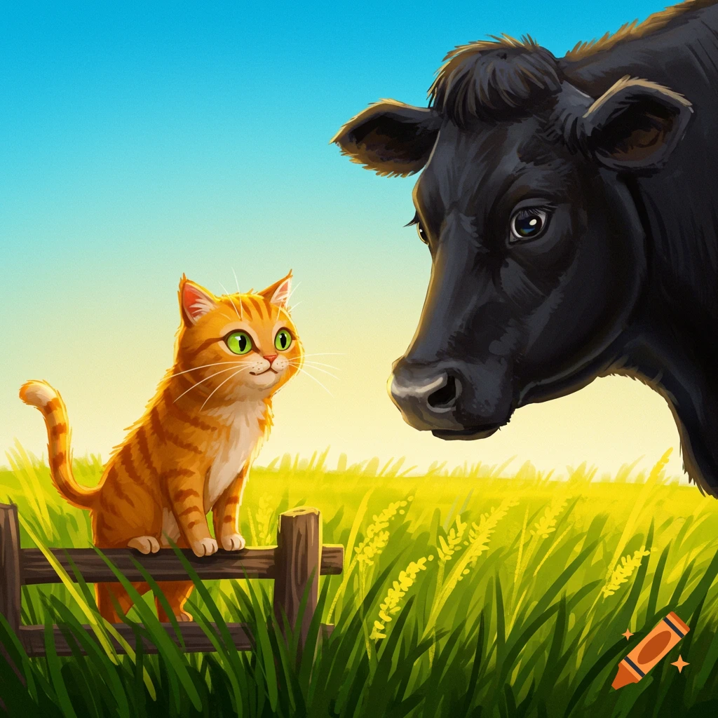 An orange cat sits on a fence post facing a black cow in a sunny field.