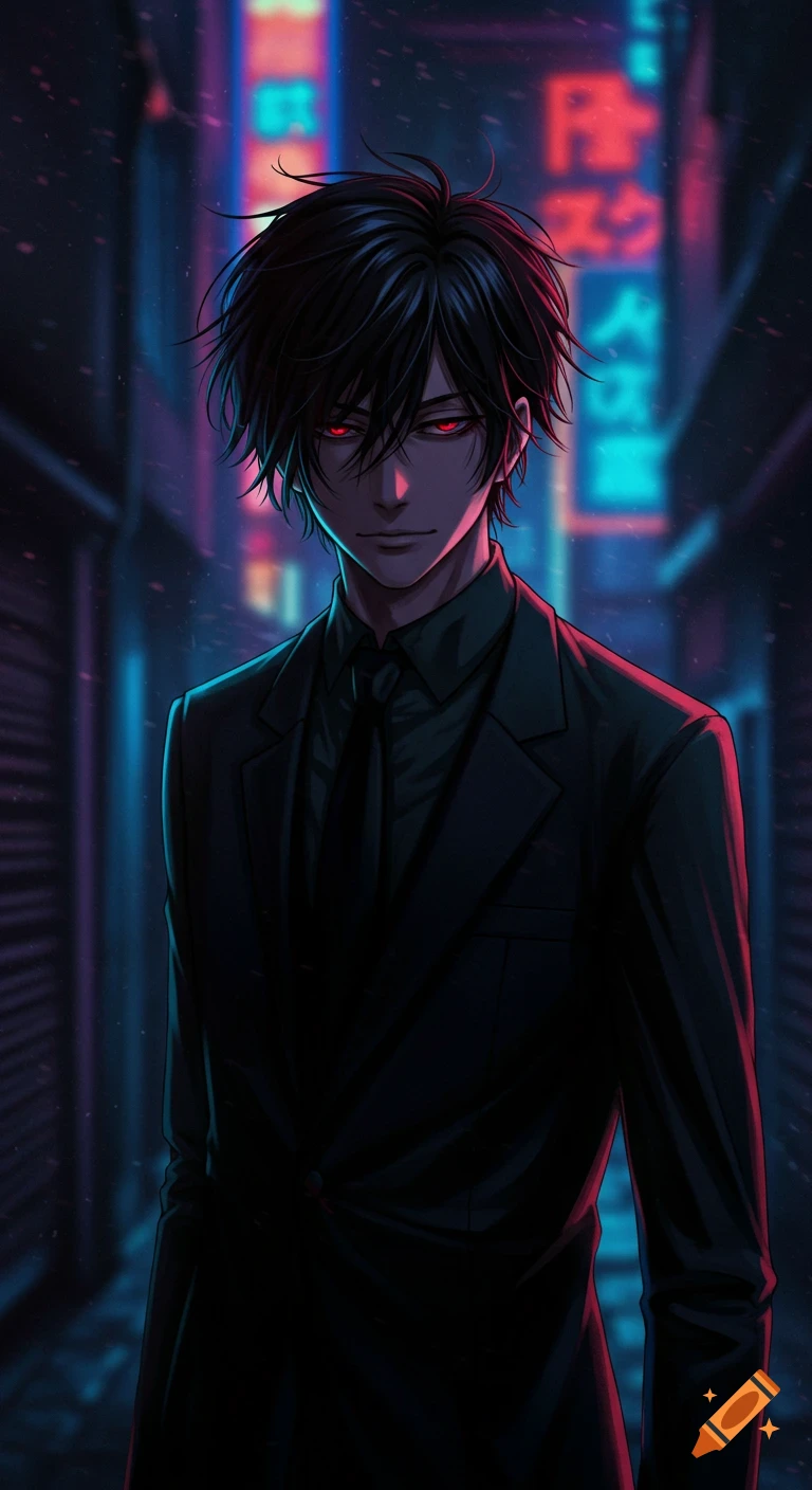 Anime man with black hair and red eyes in a black suit stands in a neon-lit street at night.