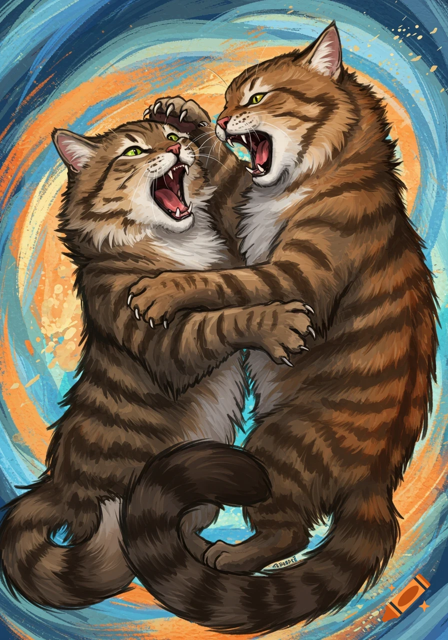 Two tabby cats fighting with a swirling orange and blue background.