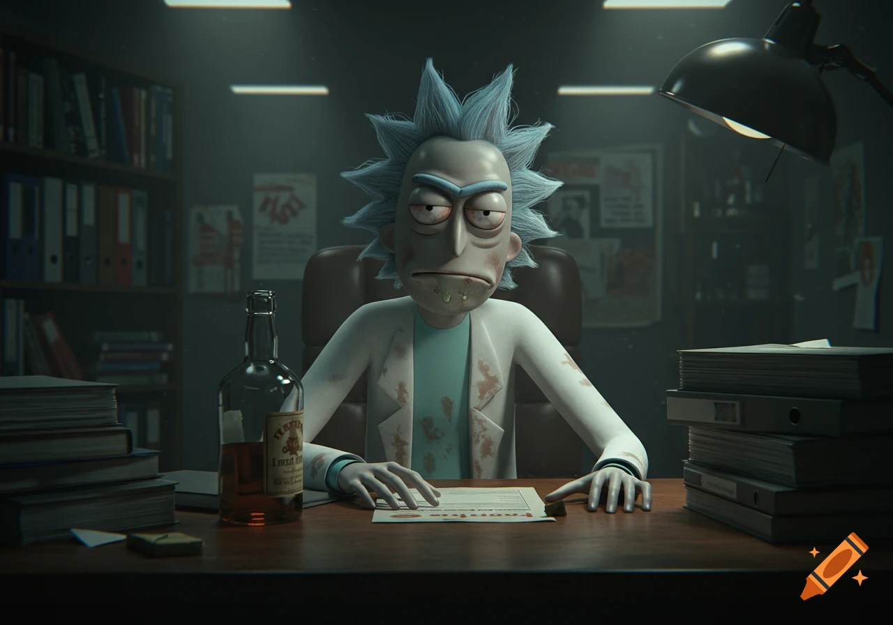 Rick Sanchez sits at a desk looking drunk, a bottle nearby, in a dimly lit office.