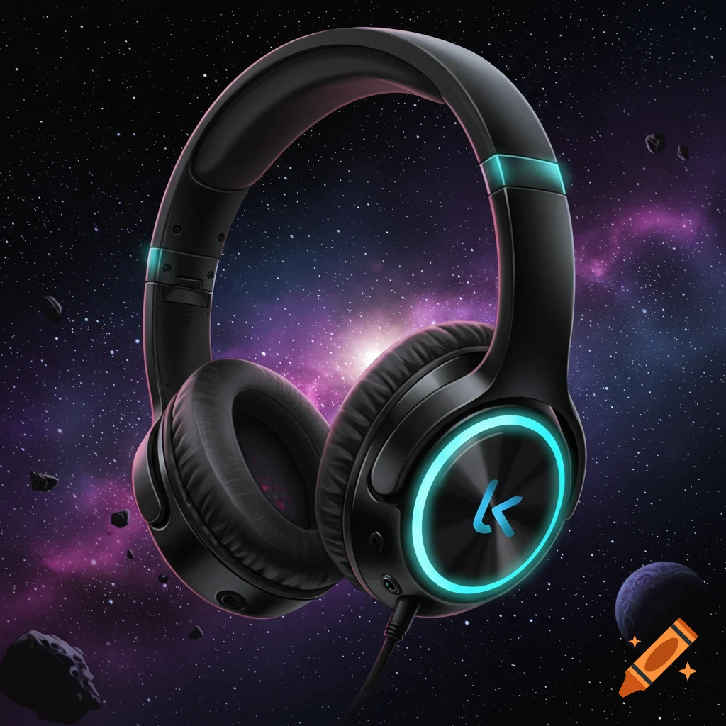 Black headphones with blue lights and logo floating in starry space with planets and asteroids