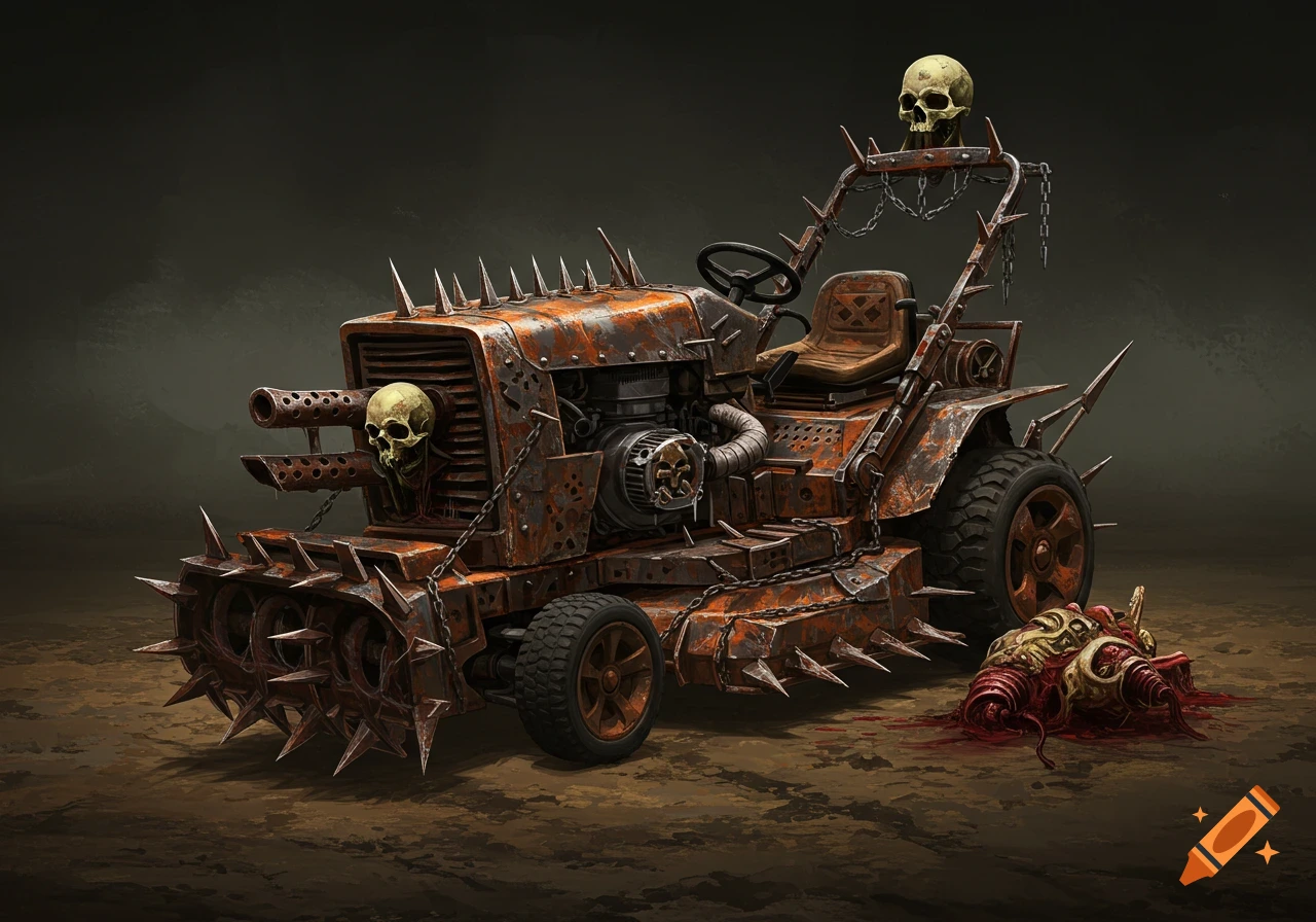 A rusty, spiked, post-apocalyptic riding lawnmower with skulls and a bloody object on the ground.