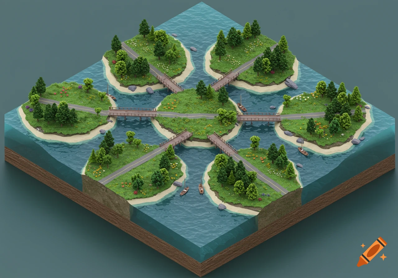 An isometric 3D diorama of seven small green islands connected by bridges over blue water, with trees, roads, and flowers.