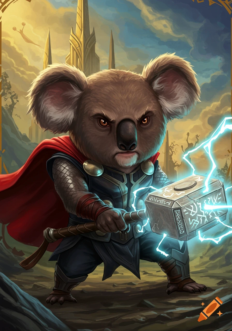A koala dressed as Thor, holding a hammer charged with lightning.