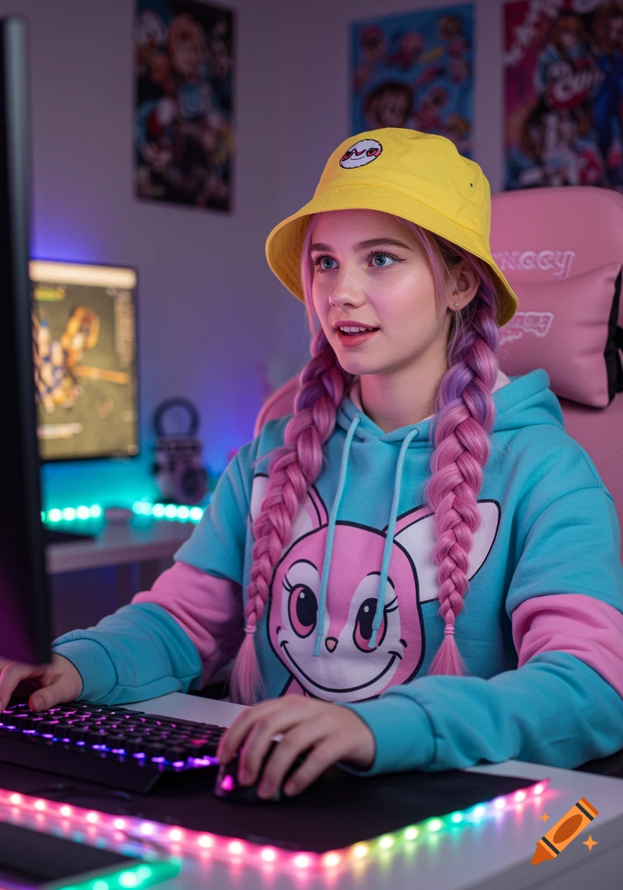 Young girl with pink braids playing a video game at a colorful desk.
