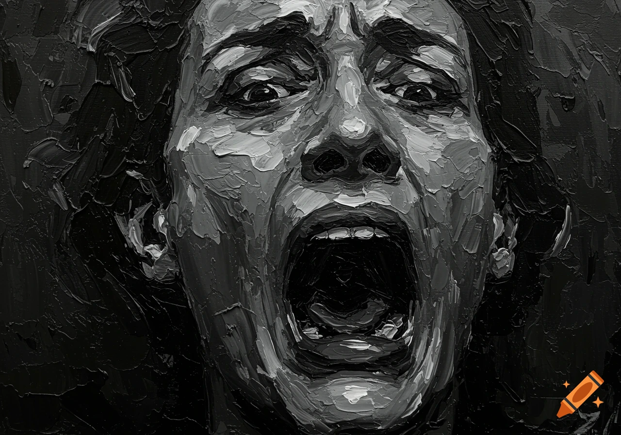 Close-up abstract oil painting in black and grey of a face screaming in terror.