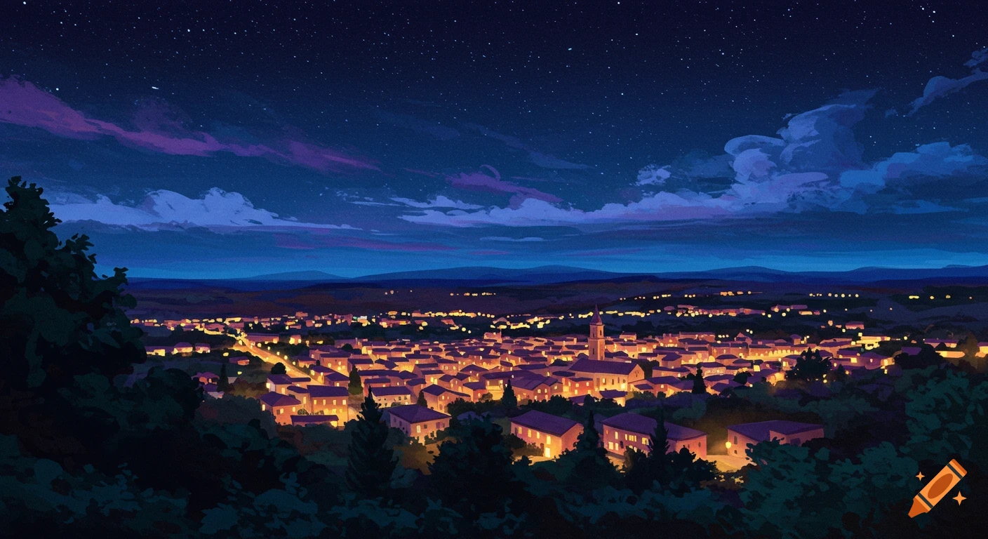 A town illuminated at night under a starry sky, viewed from a hill.