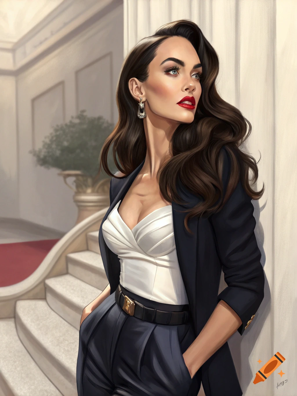 Illustration of a woman in a suit jacket and white top standing by stairs in a formal building.