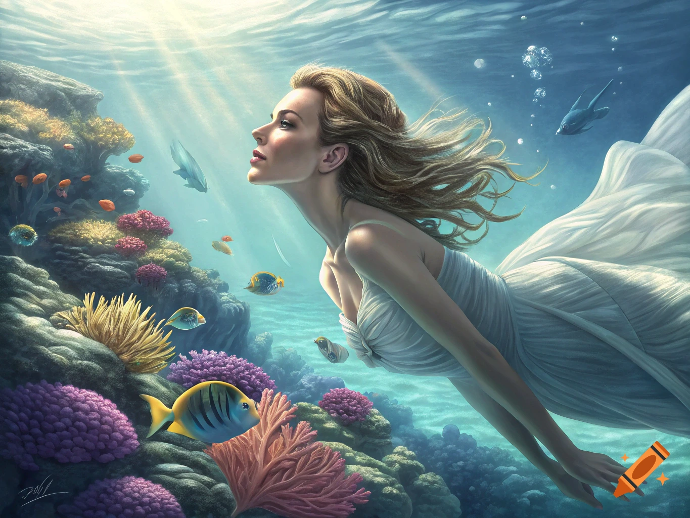 A woman in a dress swims underwater near a vibrant coral reef with fish.