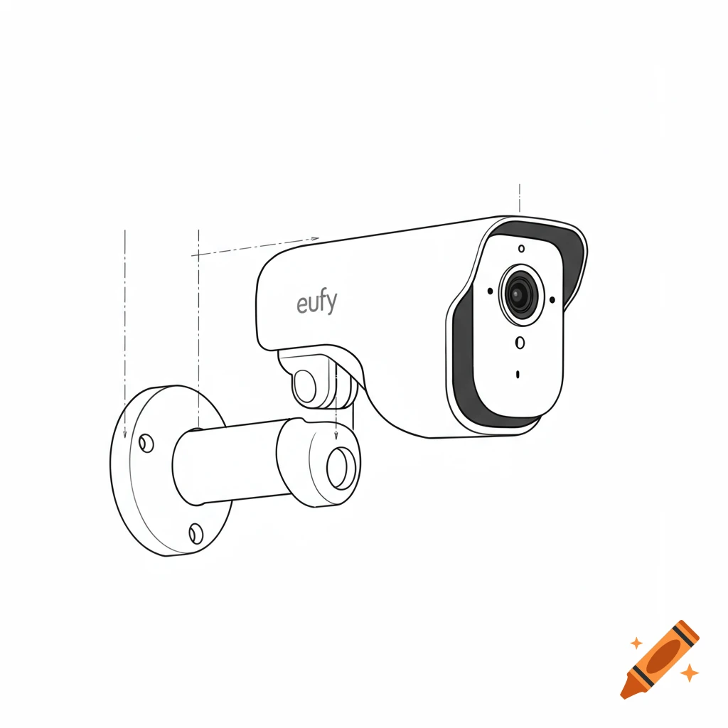 Outline drawing of a Eufy security camera on a mounting bracket.