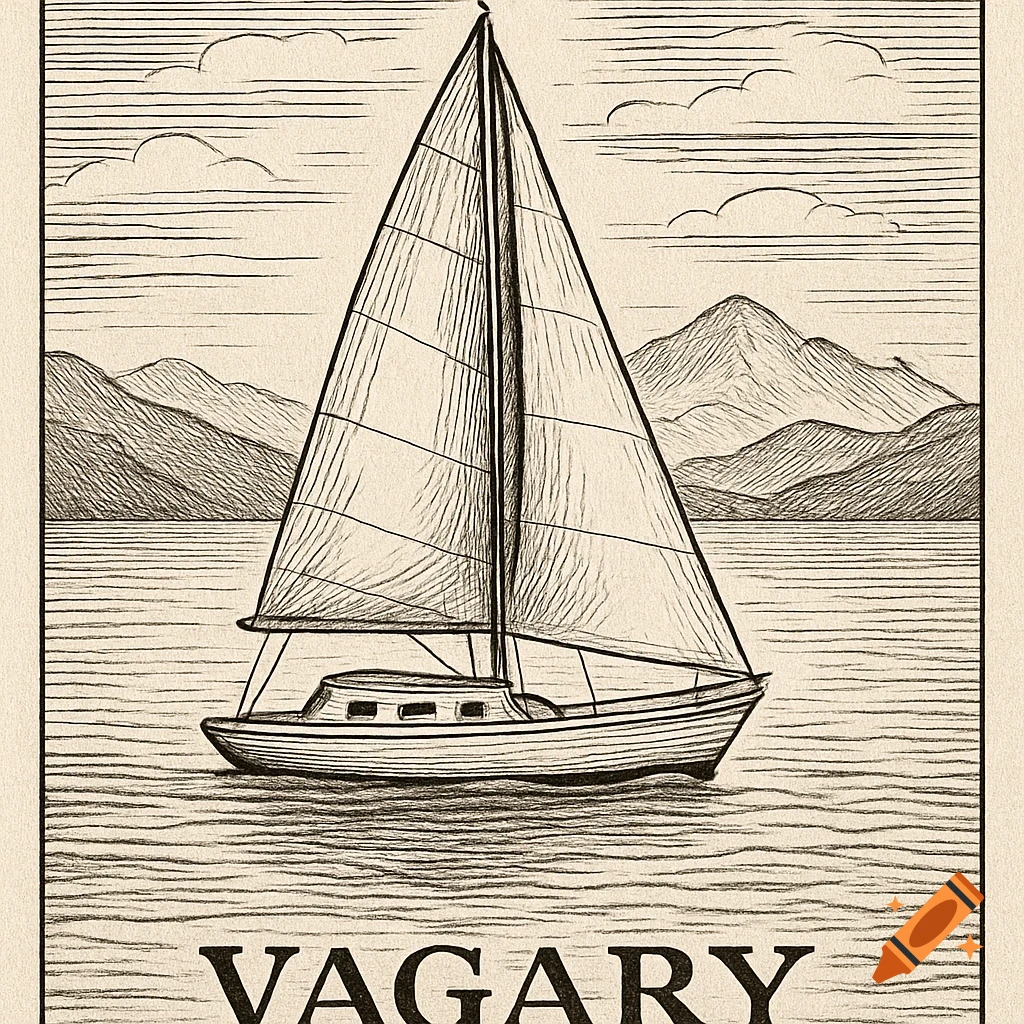 Black and white line drawing of a sailboat on a lake with mountains, clouds, and the text VAGARY below.