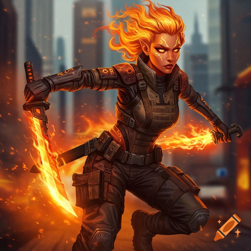 Female fire warrior with glowing swords in a city.