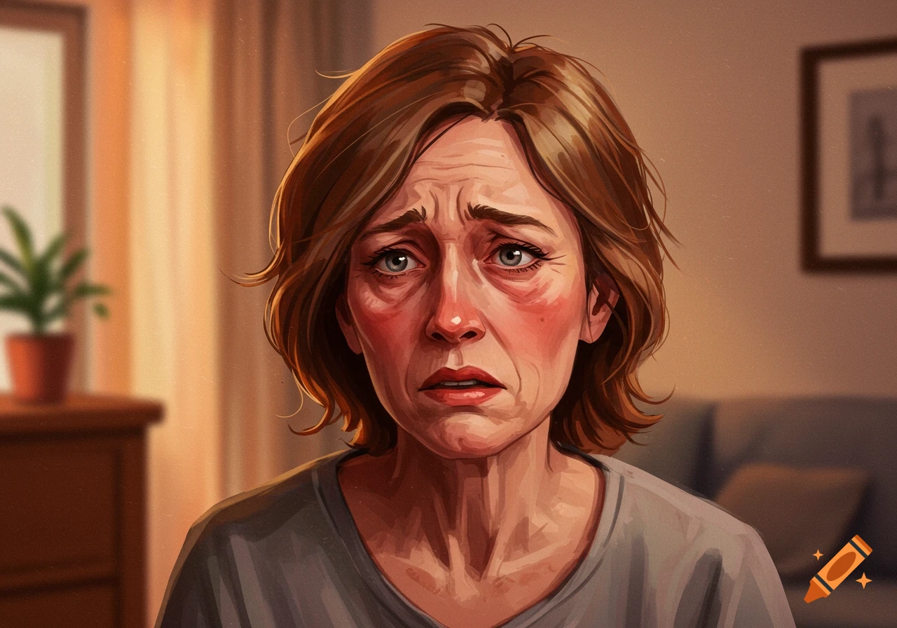 Close-up of a distressed middle-aged woman's face.