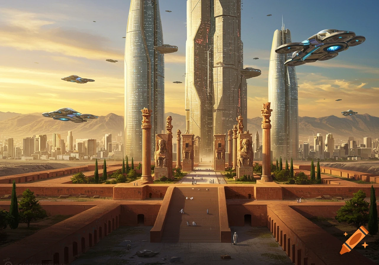 A futuristic city combining ancient Persian architecture with modern skyscrapers and flying cars under a sunset sky.