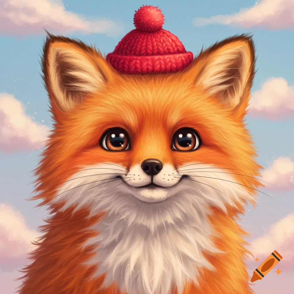 A close-up of a cute fox wearing a red knitted hat against a cloudy sky.